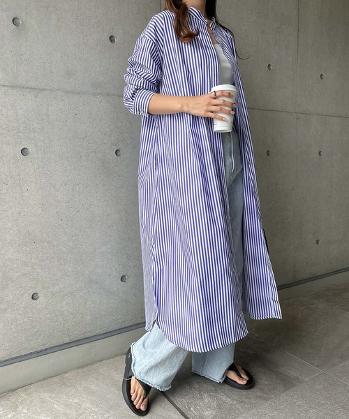 andme（アンドミー）の「カラーストライプバンドカラーシャツワンピース（シャツワンピース・レディース・ホワイト×ピンク/ホワイト×ブルー/パープル系/ホワイト×パープル/ホワイト×イエロー・M）」の8枚目の写真