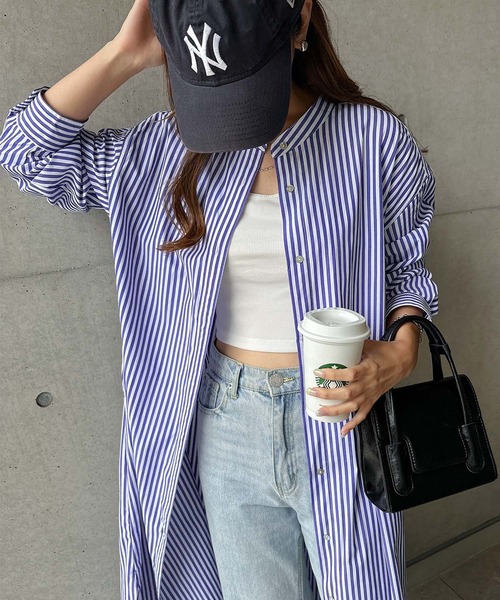 andme（アンドミー）の「カラーストライプバンドカラーシャツワンピース（シャツワンピース・レディース・ホワイト×ピンク/ホワイト×ブルー/パープル系/ホワイト×パープル/ホワイト×イエロー・M）」の9枚目の写真