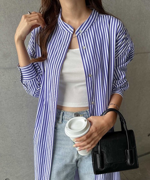 andme（アンドミー）の「カラーストライプバンドカラーシャツワンピース（シャツワンピース・レディース・ホワイト×ピンク/ホワイト×ブルー/パープル系/ホワイト×パープル/ホワイト×イエロー・M）」の6枚目の写真