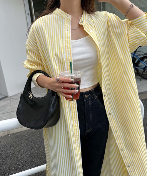 andme（アンドミー）の「カラーストライプバンドカラーシャツワンピース（シャツワンピース・レディース・ホワイト×ピンク/ホワイト×ブルー/パープル系/ホワイト×パープル/ホワイト×イエロー・M）」の12枚目の写真