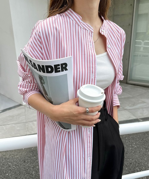 andme（アンドミー）の「カラーストライプバンドカラーシャツワンピース（シャツワンピース・レディース・ホワイト×ピンク/ホワイト×ブルー/パープル系/ホワイト×パープル/ホワイト×イエロー・M）」の21枚目の写真