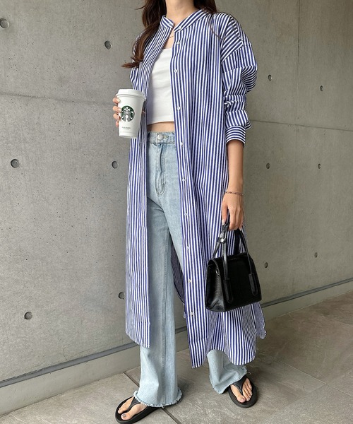 andme（アンドミー）の「カラーストライプバンドカラーシャツワンピース（シャツワンピース・レディース・ホワイト×ピンク/ホワイト×ブルー/パープル系/ホワイト×パープル/ホワイト×イエロー・M）」の7枚目の写真