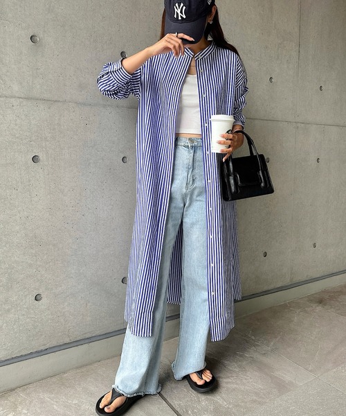 andme（アンドミー）の「カラーストライプバンドカラーシャツワンピース（シャツワンピース・レディース・ホワイト×ピンク/ホワイト×ブルー/パープル系/ホワイト×パープル/ホワイト×イエロー・M）」の10枚目の写真