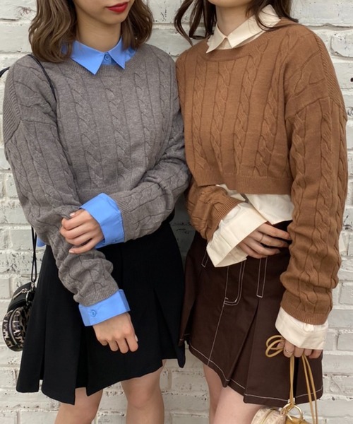 one after another NICE CLAUP（ワンアフターアナザーナイスクラップ）の「ショートケーブルニット×シャツセット（アンサンブル・レディース・アイボリー/グレー/ブラウン・FREE）」の4枚目の写真
