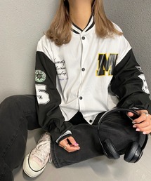 袖配色ワッペンプリントBIGスタジャン