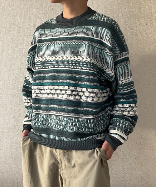 BROKEN BASE（ブロークンベース）の「3D編みジャガードボーダーニット（ニット/セーター・メンズ・ブルー/ベージュ/ブラック・MEDIUM/LARGE）」の3枚目の写真