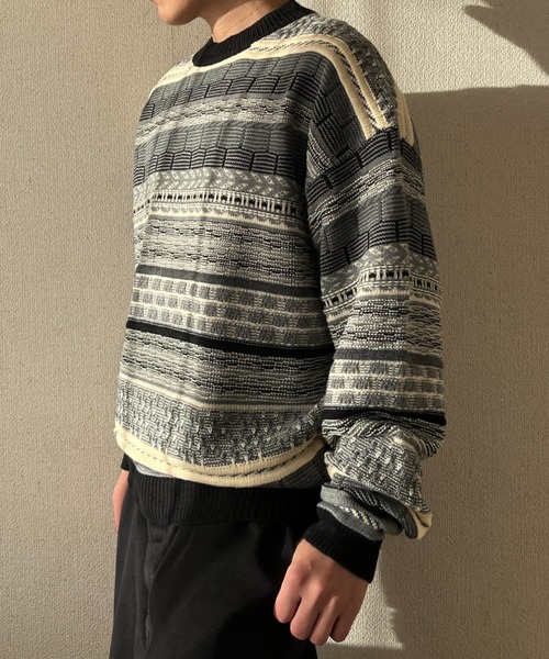BROKEN BASE（ブロークンベース）の「3D編みジャガードボーダーニット（ニット/セーター・メンズ・ブルー/ベージュ/ブラック・MEDIUM/LARGE）」の8枚目の写真