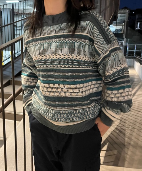 BROKEN BASE（ブロークンベース）の「3D編みジャガードボーダーニット（ニット/セーター・メンズ・ブルー/ベージュ/ブラック・MEDIUM/LARGE）」の20枚目の写真