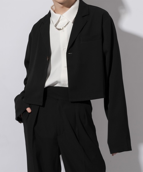 Adoon plain（アドーンプレーン）の「【Adoon plain】ショートテーラードジャケット(セットアップ対応)（テーラードジャケット・メンズ・ブラック/ブルーグレー・MEDIUM/LARGE）」の2枚目の写真