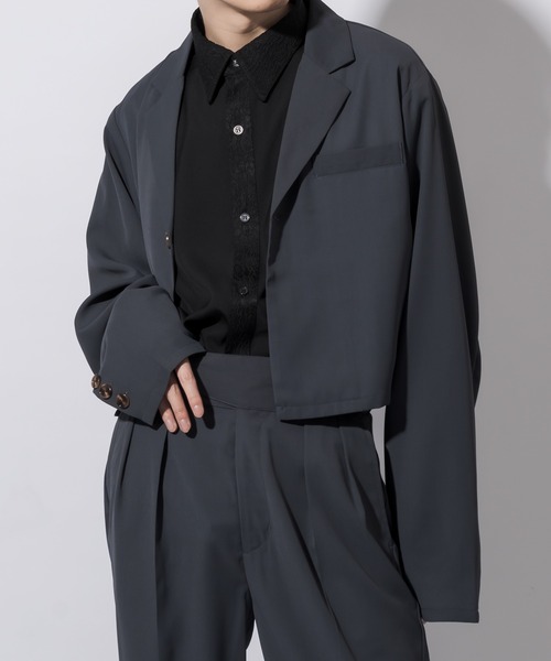 Adoon plain（アドーンプレーン）の「【Adoon plain】ショートテーラードジャケット(セットアップ対応)（テーラードジャケット・メンズ・ブラック/ブルーグレー・MEDIUM/LARGE）」の19枚目の写真
