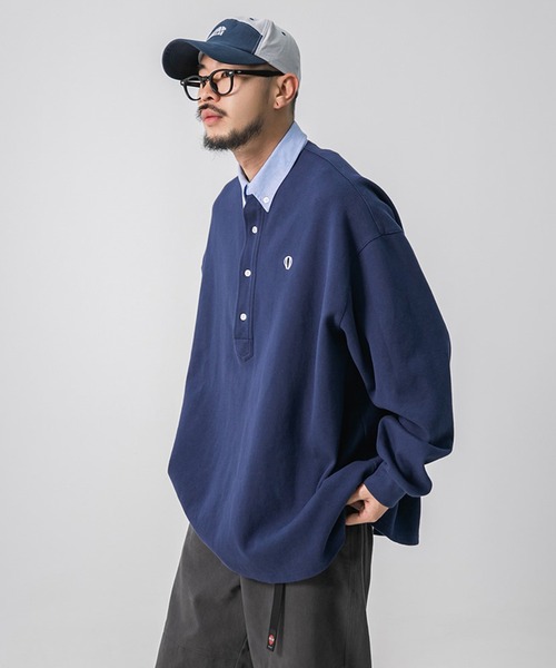 ANGLAN（アングラン）の「ANGLAN WIDE PK SWEAT SHIRT ワイドピーケイスウェットシャツ（ポロシャツ・メンズ・ネイビー・FREE）」の3枚目の写真