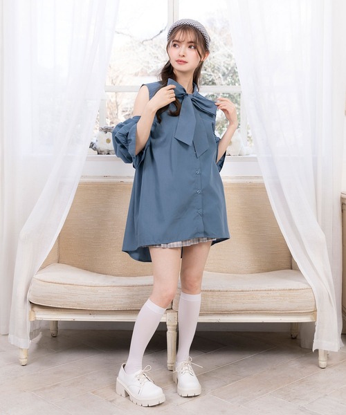 DearMyLoveRose(ディアマイラブローズ)の「マルチwayボウタイリボンシャツワンピース(シャツワンピース・レディース・ベビーピンク/ブラック/サックスブルー/ホワイト/ブルー・LL~3L/M-L)」の8枚目の写真
