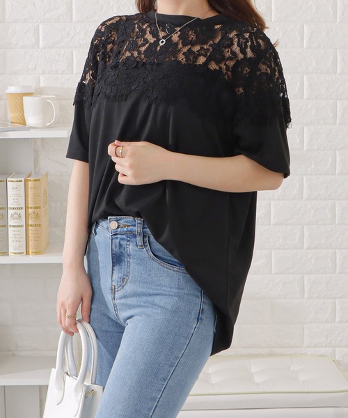 Lace Ladies(レースレディース)の「レース切替半袖Tシャツ(Tシャツ/カットソー・レディース・ホワイト/ブラック・XL/M)」の3枚目の写真