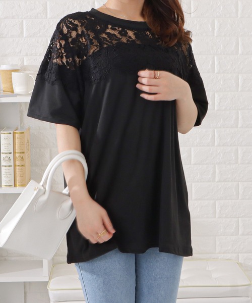 Lace Ladies(レースレディース)の「レース切替半袖Tシャツ(Tシャツ/カットソー・レディース・ホワイト/ブラック・XL/M)」の4枚目の写真