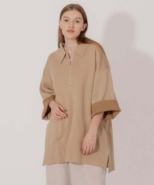 ONCILY（オンシェリー）の「DOUBLE FACE HALF ZIP KNIT POLO SHIRT / ダブルフェイスハーフジップニットポロシャツ（ポロシャツ・メンズ・ベージュ/ブルー/グリーン・MEDIUM/LARGE）」の2枚目の写真