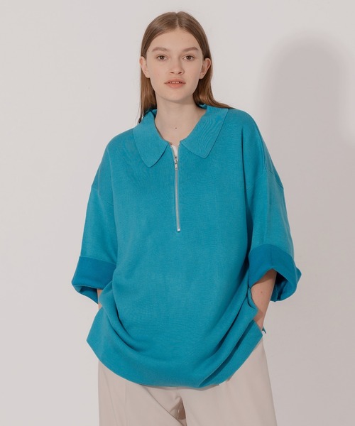 ONCILY（オンシェリー）の「DOUBLE FACE HALF ZIP KNIT POLO SHIRT / ダブルフェイスハーフジップニットポロシャツ（ポロシャツ・メンズ・ベージュ/ブルー/グリーン・MEDIUM/LARGE）」の6枚目の写真