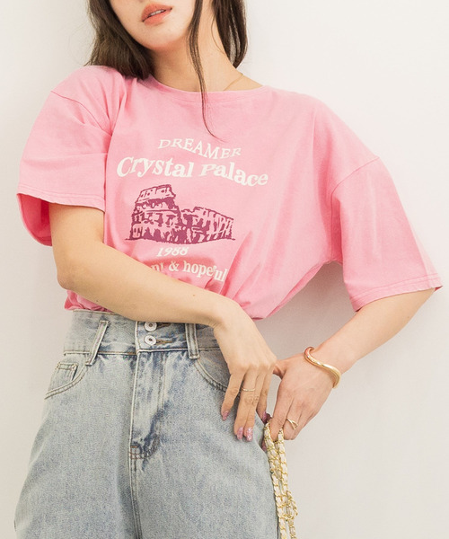 DAY CLOSET（デイ クローゼット）の「レディース 半袖ドロップショルダーヴィンテージ風ロゴTシャツ（Tシャツ/カットソー・レディース・ピンク/ブラック・ONE SIZE）」の18枚目の写真