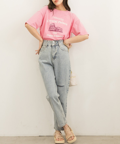 DAY CLOSET（デイ クローゼット）の「レディース 半袖ドロップショルダーヴィンテージ風ロゴTシャツ（Tシャツ/カットソー・レディース・ピンク/ブラック・ONE SIZE）」の22枚目の写真