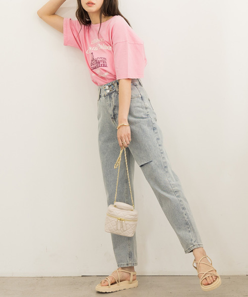 DAY CLOSET（デイ クローゼット）の「レディース 半袖ドロップショルダーヴィンテージ風ロゴTシャツ（Tシャツ/カットソー・レディース・ピンク/ブラック・ONE SIZE）」の19枚目の写真