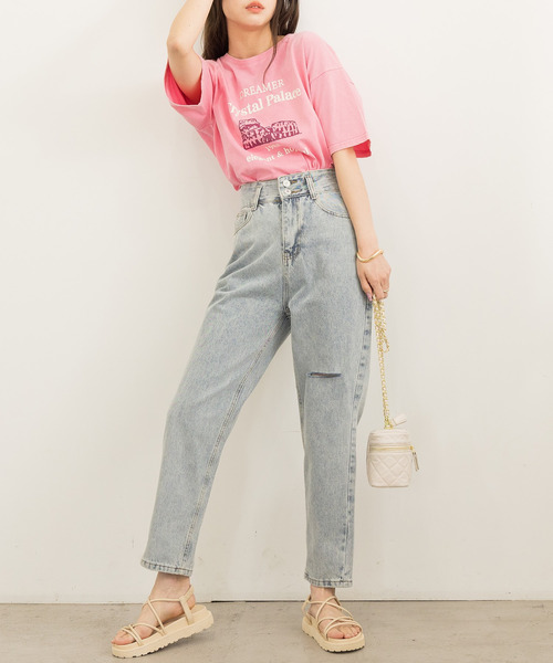 DAY CLOSET（デイ クローゼット）の「レディース 半袖ドロップショルダーヴィンテージ風ロゴTシャツ（Tシャツ/カットソー・レディース・ピンク/ブラック・ONE SIZE）」の12枚目の写真