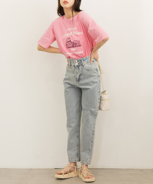 DAY CLOSET（デイ クローゼット）の「レディース 半袖ドロップショルダーヴィンテージ風ロゴTシャツ（Tシャツ/カットソー・レディース・ピンク/ブラック・ONE SIZE）」の16枚目の写真