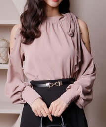 オープンショルダーリボンブラウス