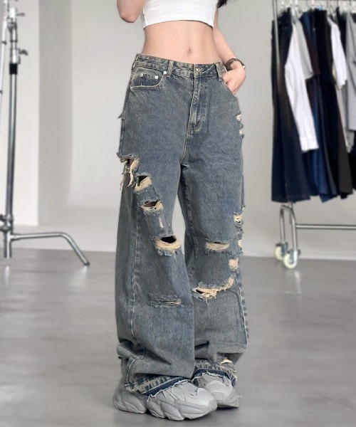 Riff(リフ)の「ダメージワイドデニム ハイウエスト(デニムパンツ・レディース・ブルー・XL/S/M/L)」の1枚目の写真