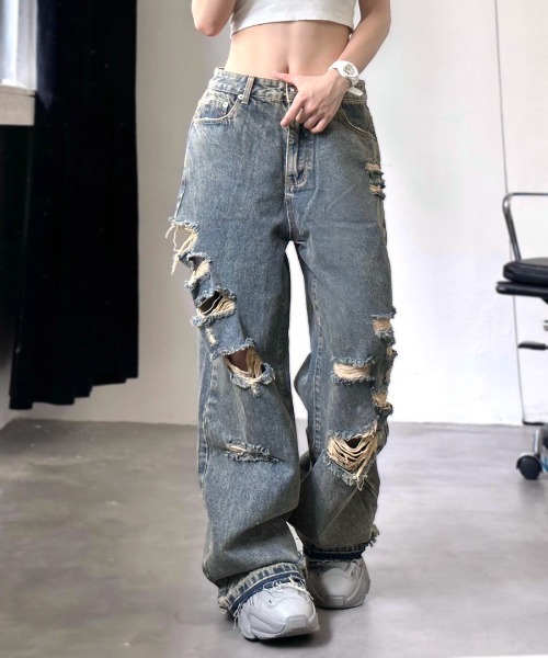 Riff(リフ)の「ダメージワイドデニム ハイウエスト(デニムパンツ・レディース・ブルー・XL/S/M/L)」の2枚目の写真