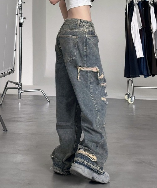 Riff(リフ)の「ダメージワイドデニム ハイウエスト(デニムパンツ・レディース・ブルー・XL/S/M/L)」の4枚目の写真