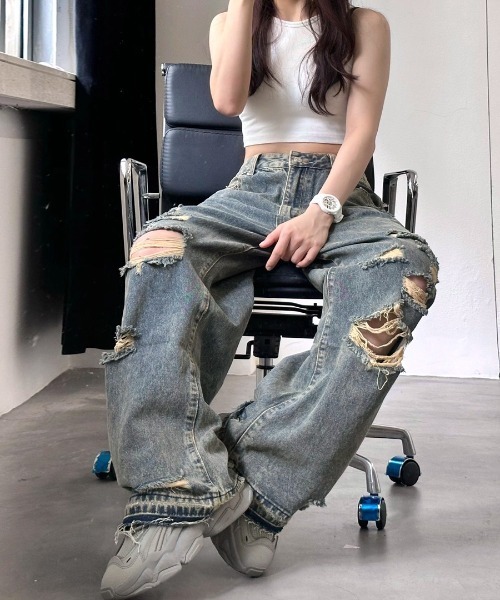 Riff(リフ)の「ダメージワイドデニム ハイウエスト(デニムパンツ・レディース・ブルー・XL/S/M/L)」の5枚目の写真