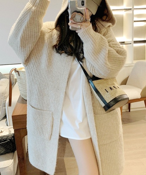 エムプルミエ フード付き カーディガン ベージュ エムプルミエ フード付きニットカーディガン ベージュ系 ポケット付き