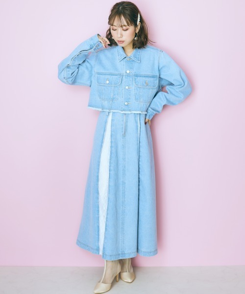 marun（マルン）の「＜大きいサイズ＞  クロップド丈デニムジャケット　marun（デニムジャケット・レディース・ライトブルー/オフホワイト・3L～4L/L～LL）」の13枚目の写真