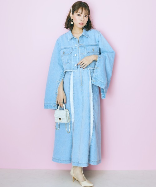 marun（マルン）の「＜大きいサイズ＞  クロップド丈デニムジャケット　marun（デニムジャケット・レディース・ライトブルー/オフホワイト・3L～4L/L～LL）」の15枚目の写真