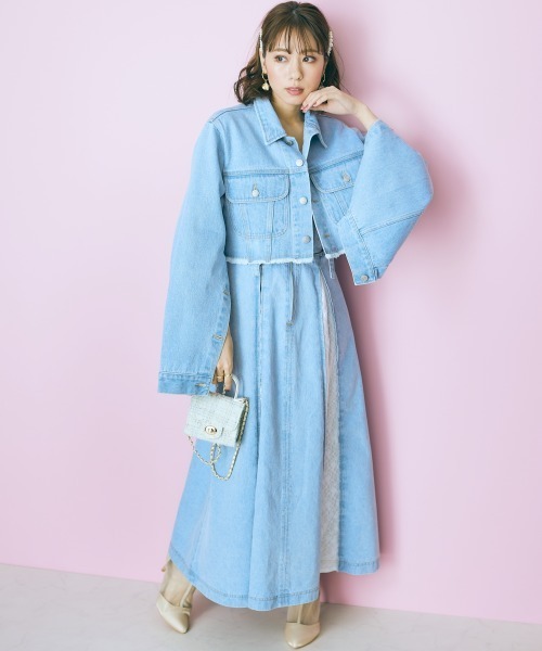 marun（マルン）の「＜大きいサイズ＞  クロップド丈デニムジャケット　marun（デニムジャケット・レディース・ライトブルー/オフホワイト・3L～4L/L～LL）」の16枚目の写真