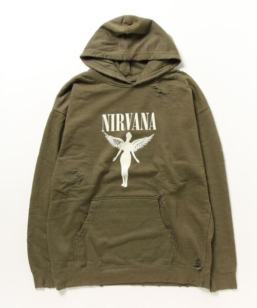 NIRVANA(ニルヴァーナ)の「【THRIFTY LOOK スリフティールック】WORN-OUT BAND HOODIE パーカー(パーカー・メンズ・ブラック/ライトグリーン/ブラウン/グレー/グリーン/オリーブ・X-LARGE/LARGE/XX-LARGE)」の5枚目の写真