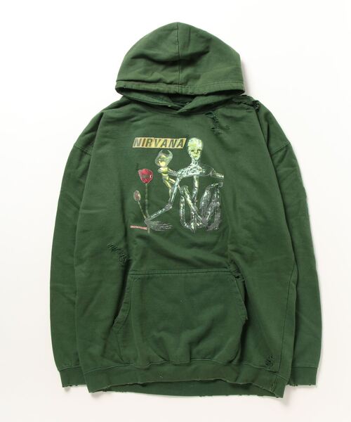 NIRVANA(ニルヴァーナ)の「【THRIFTY LOOK スリフティールック】WORN-OUT BAND HOODIE パーカー(パーカー・メンズ・ブラック/ライトグリーン/ブラウン/グレー/グリーン/オリーブ・X-LARGE/LARGE/XX-LARGE)」の6枚目の写真