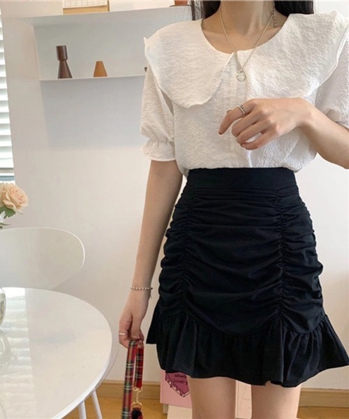 Nia(ニア)の「Nia(ニア)/ギャザーデザイン フリルミニスカート(スカート・レディース・ブラック/ホワイト・MEDIUM/LARGE/SMALL)」の11枚目の写真
