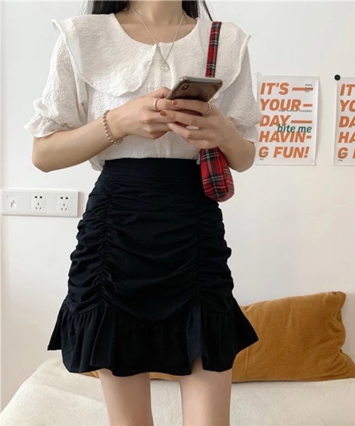 Nia(ニア)の「Nia(ニア)/ギャザーデザイン フリルミニスカート(スカート・レディース・ブラック/ホワイト・MEDIUM/LARGE/SMALL)」の13枚目の写真