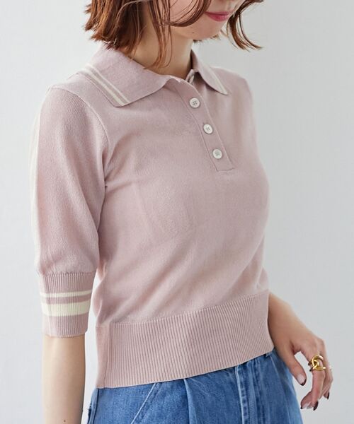 MAJESTIC LEGON（マジェスティックレゴン）の「シャイニーシアーポロニット（ポロシャツ・レディース・オフホワイト/ブラック/ピンク・MEDIUM）」の3枚目の写真