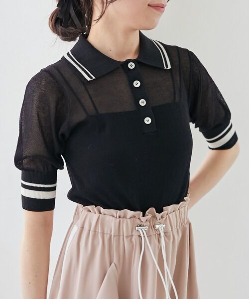 MAJESTIC LEGON（マジェスティックレゴン）の「シャイニーシアーポロニット（ポロシャツ・レディース・オフホワイト/ブラック/ピンク・MEDIUM）」の2枚目の写真