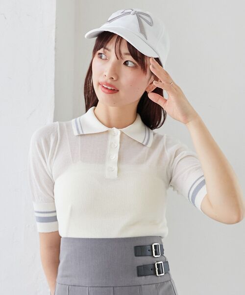 MAJESTIC LEGON（マジェスティックレゴン）の「シャイニーシアーポロニット（ポロシャツ・レディース・オフホワイト/ブラック/ピンク・MEDIUM）」の15枚目の写真