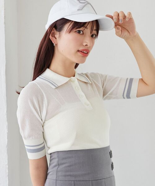 MAJESTIC LEGON（マジェスティックレゴン）の「シャイニーシアーポロニット（ポロシャツ・レディース・オフホワイト/ブラック/ピンク・MEDIUM）」の14枚目の写真