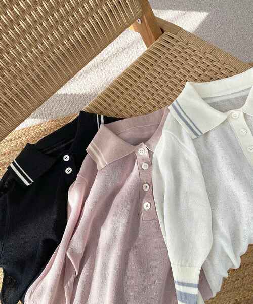 MAJESTIC LEGON（マジェスティックレゴン）の「シャイニーシアーポロニット（ポロシャツ・レディース・オフホワイト/ブラック/ピンク・MEDIUM）」の11枚目の写真