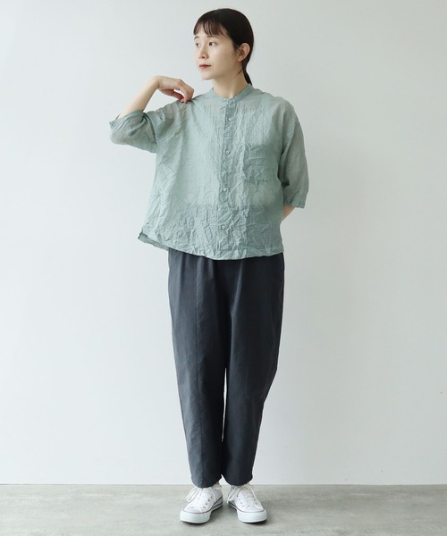 yuni キャッチワッシャーショートシャツグリーン