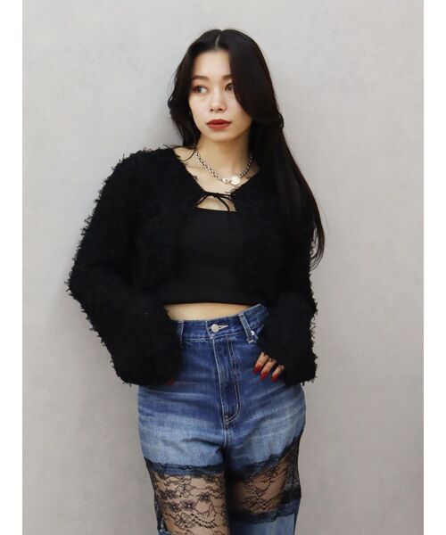 EVRIS(エヴリス)の「チュールミックスショートニットカーディガン(ニット/セーター・レディース・ブルー/ピンク/ブラック/ホワイト・FREE)」の3枚目の写真