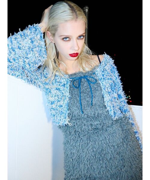 EVRIS(エヴリス)の「チュールミックスショートニットカーディガン(ニット/セーター・レディース・ブルー/ピンク/ブラック/ホワイト・FREE)」の6枚目の写真