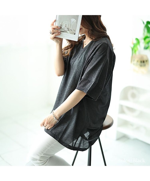 GOLDJAPAN（ゴールドジャパン）の「サイドタックVネックラメプルオーバー【大きいサイズ対応】（Tシャツ/カットソー・レディース・ブラック/シルバー・LL～3L/4L～5L）」の9枚目の写真