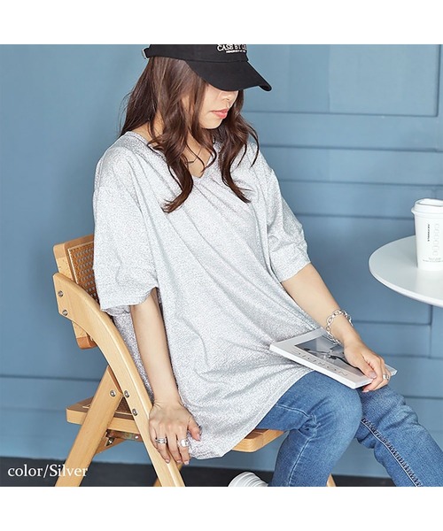 GOLDJAPAN（ゴールドジャパン）の「サイドタックVネックラメプルオーバー【大きいサイズ対応】（Tシャツ/カットソー・レディース・ブラック/シルバー・LL～3L/4L～5L）」の11枚目の写真