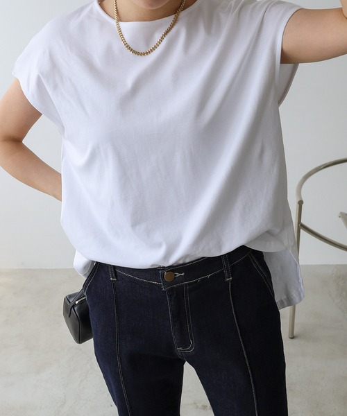 evernavy（エバーネイビー）の「シルケットフレンチスリーブプルオーバー（Tシャツ/カットソー・レディース・グレイッシュブルー/オフホワイト/ブラック/ネイビー・M/L）」の9枚目の写真