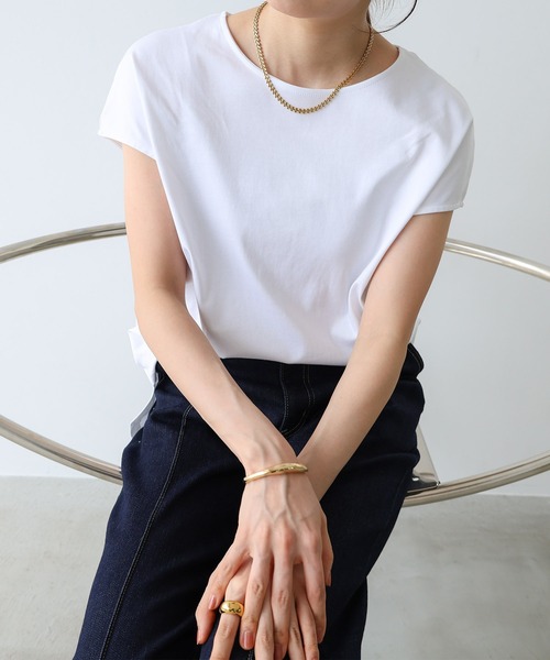 evernavy（エバーネイビー）の「シルケットフレンチスリーブプルオーバー（Tシャツ/カットソー・レディース・グレイッシュブルー/オフホワイト/ブラック/ネイビー・M/L）」の6枚目の写真